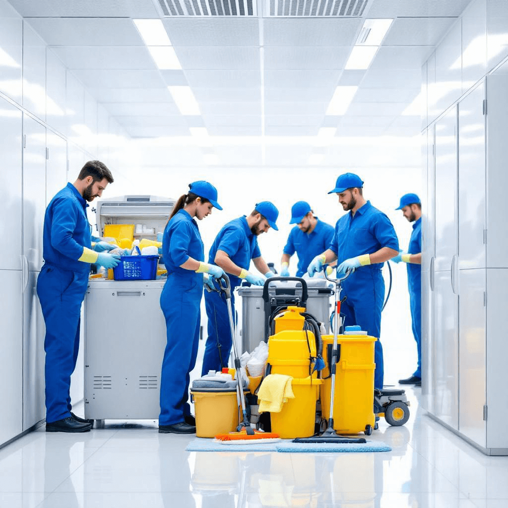 a group of professional cleaners setting up to work