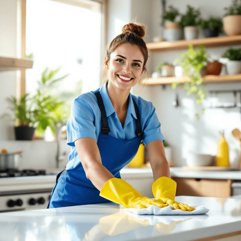 A lady with a bright smile cleaning in the kitchen