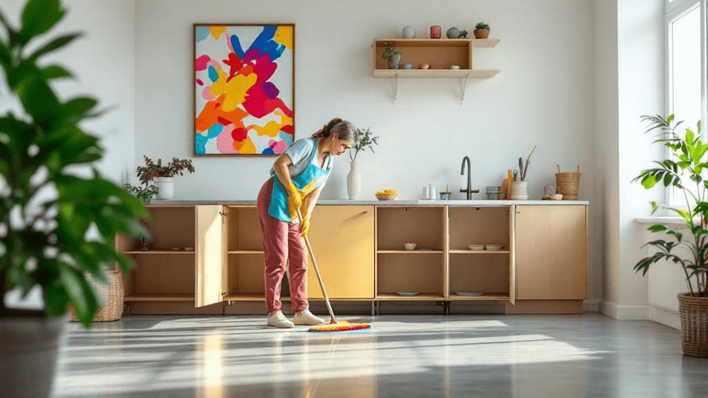 A woman cleaning the floor