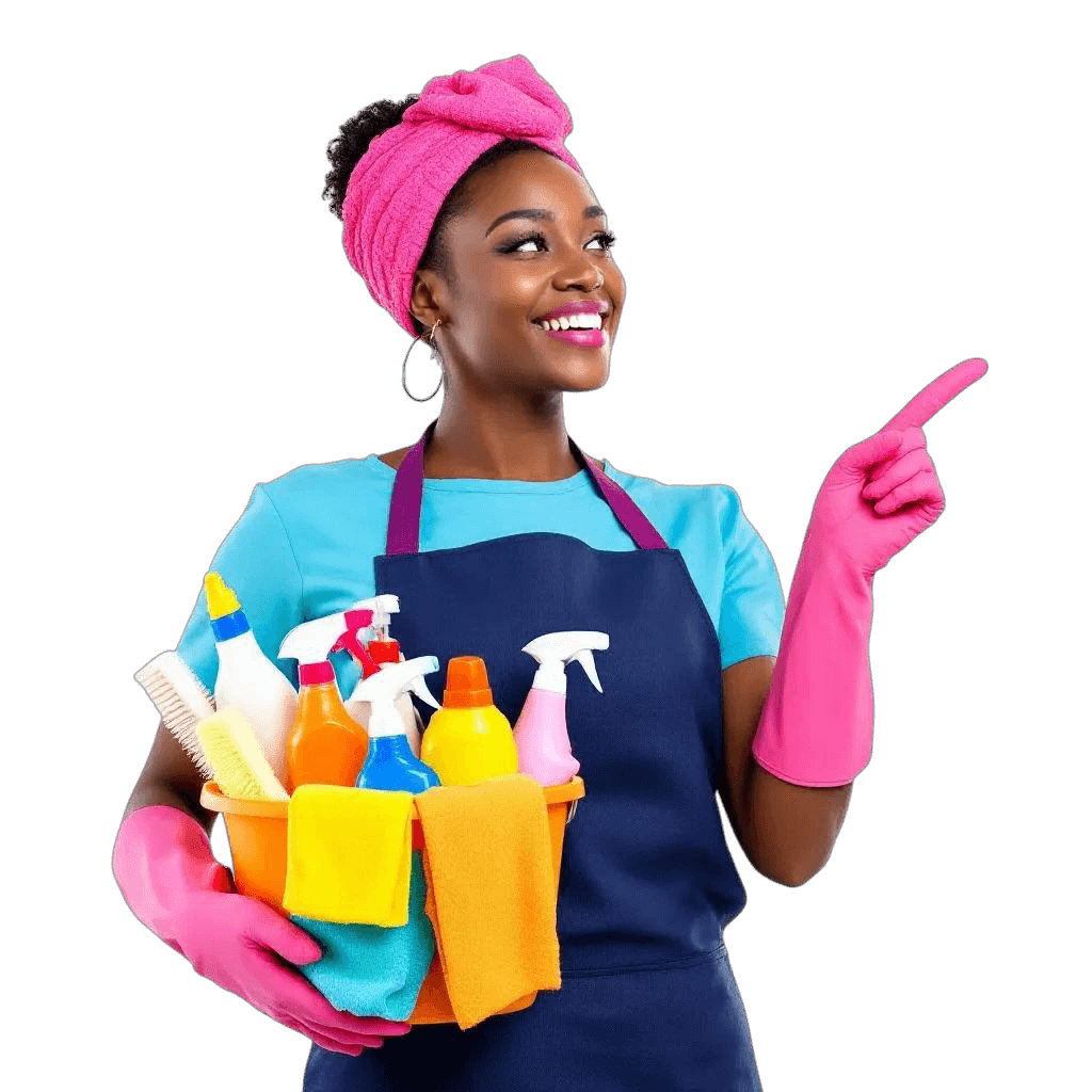 A black woman with a smile holding a bucket of cleaning tools and pointing left