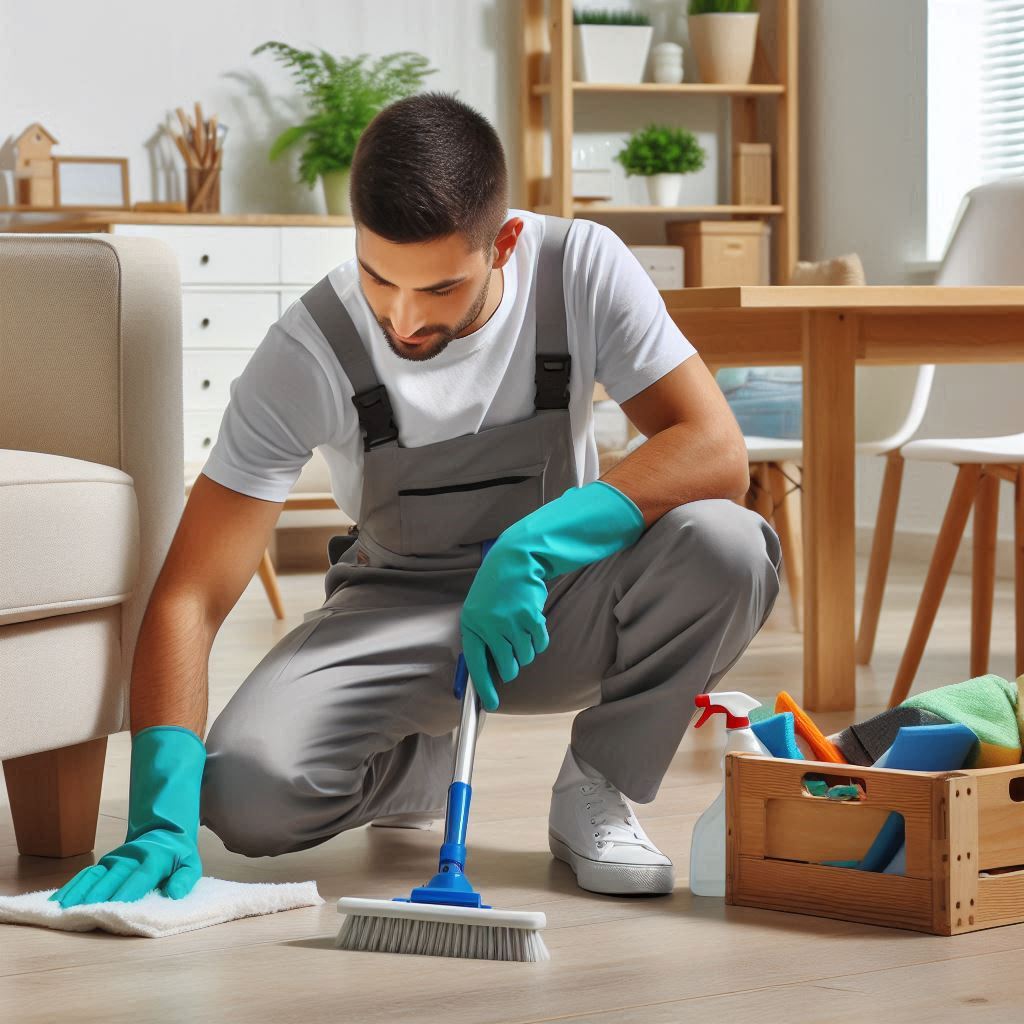 A cleaner working in an empty apartment