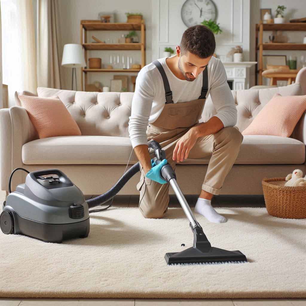 A professional cleaner using carpet cleaning machine