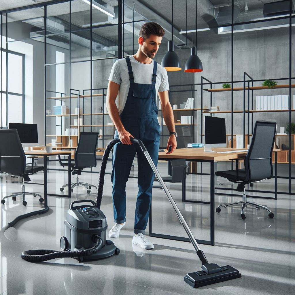 A professional office cleaning in progress